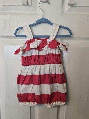 Ralph Lauren Pink and White Striped Bubble Romper with Ruffle